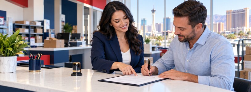 Notary public assisting a customer at ShipXpress in Las Vegas